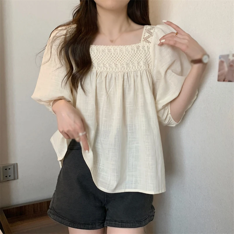 Cotton Hollow out Design sense Temperament Solid color Doll shirt Sweet shirt Bubble sleeves Square collar Women's shirt