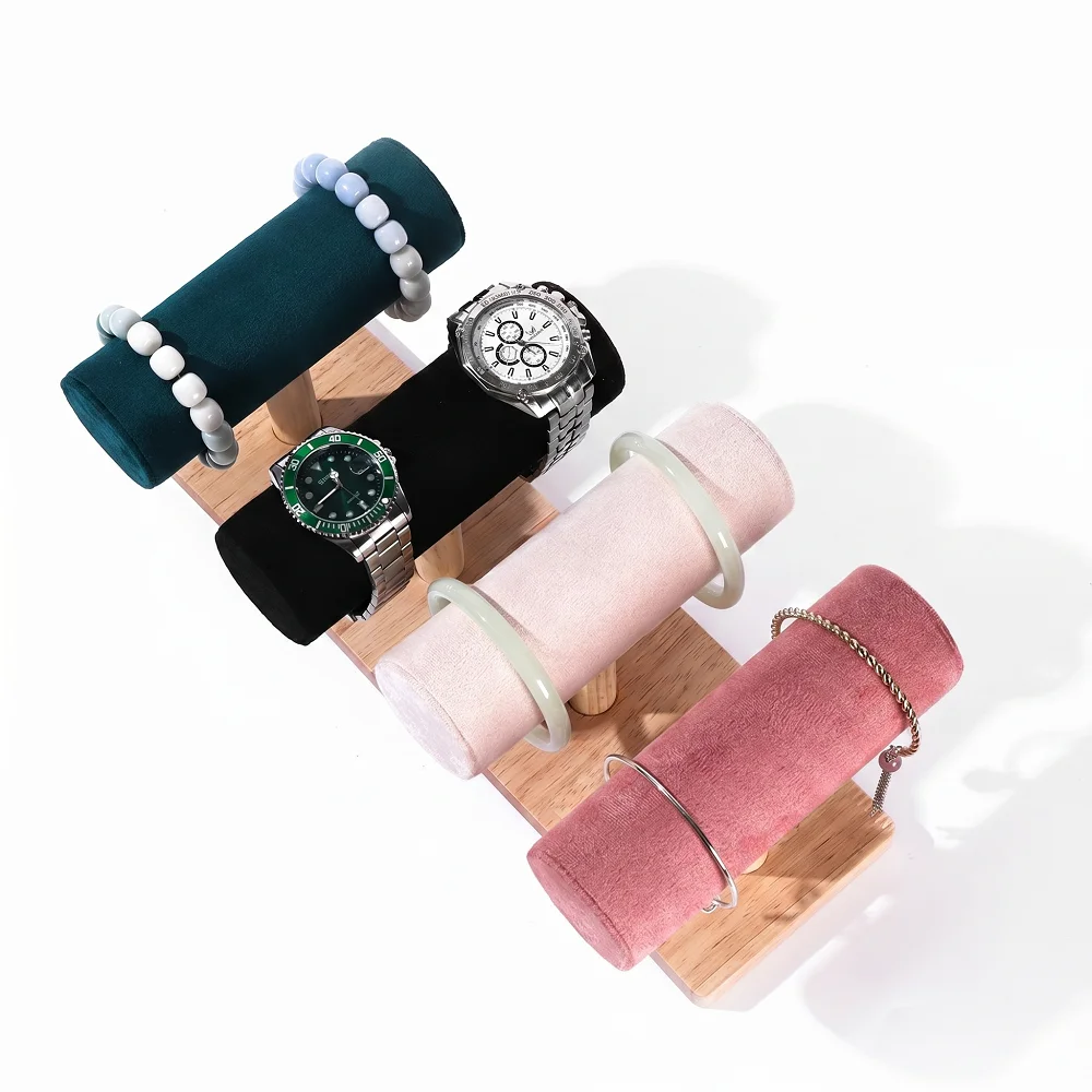 

1 Pcs Multicolor Wood Base Velvet Bracelet Watch Display Stand T-Bar Bangle Holder for Retail Shop Vanity Jewelry Organizer