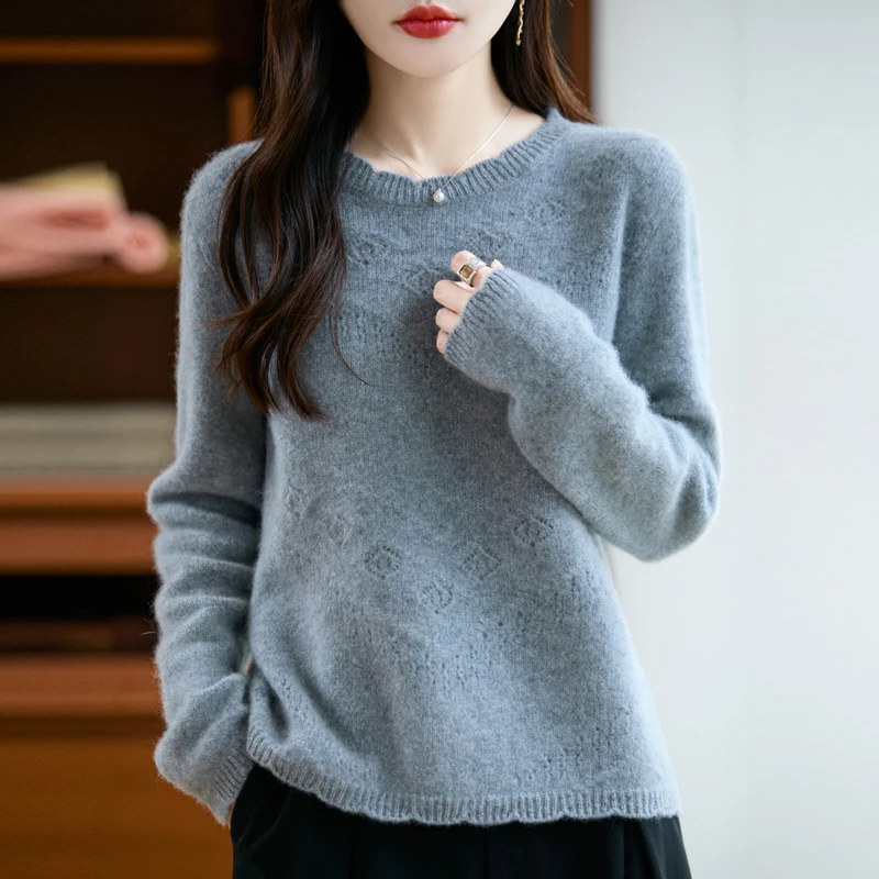 Pull en cachemire évidé à col rond pour femme, 100% laine mérinos, tricot, manches Leurs lan, décontracté, chaud, automne, hiver