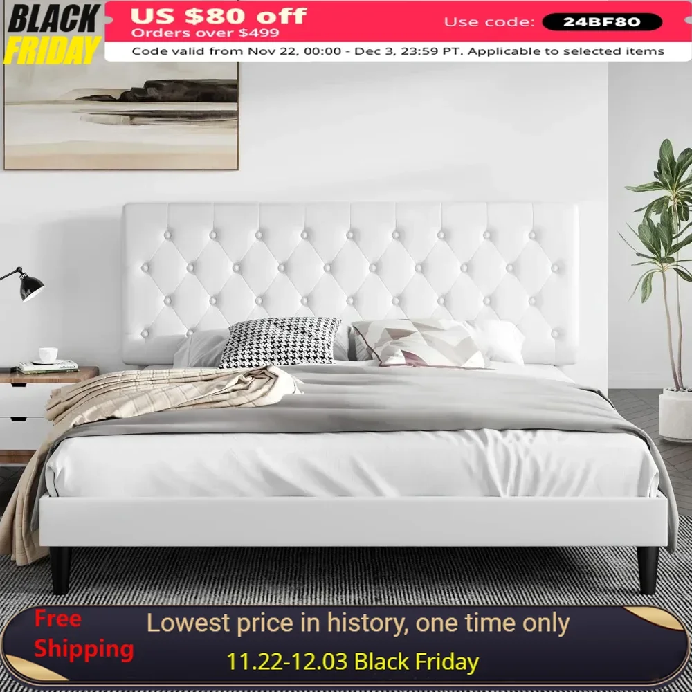 

King Bed Frame with Button Tufted Headboard，Faux Leather Upholstered，Wooden Slat Support, No Box Spring Needed，Bed Frame