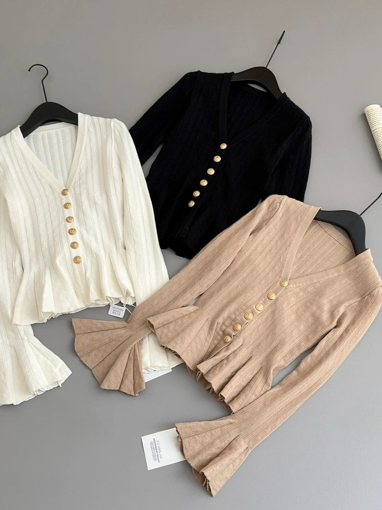 Cardigan en tricot à manches longues évasées et col en v pour femme, haut Vintage élégant, coupe cintrée, couleur unie, nouvelle mode coréenne Y2K, automne Y2k