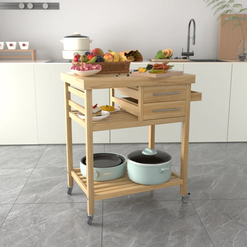 Kitchen small table Solid wood commercial mobile island table Dining table Integrated trolley Multi-layer storage Food truck wit