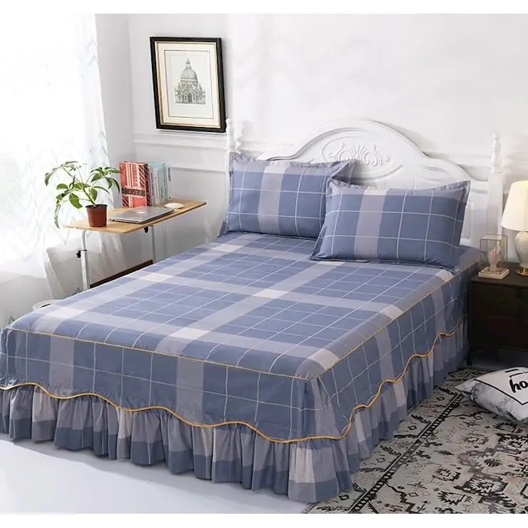 滑り止めベッドスカート4点セット-ヨーロッパ風-韓国風エッジベッドカバー-4つの追加バンド付き-綿ポリエステル混紡