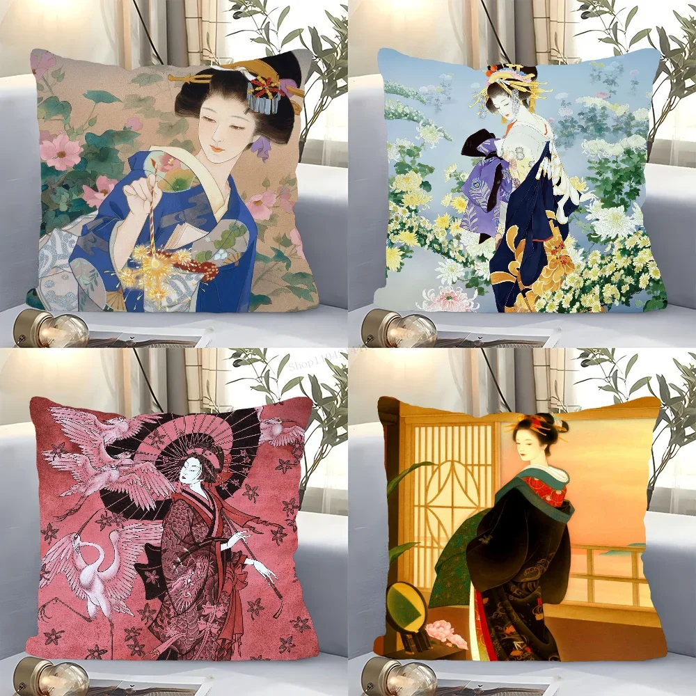 Classic Retro Japanese Lady Geisha Pillow Case Square Pillow Bedroom Sofa Leisure ComfortCar Living Room Home Decoration 40X40
