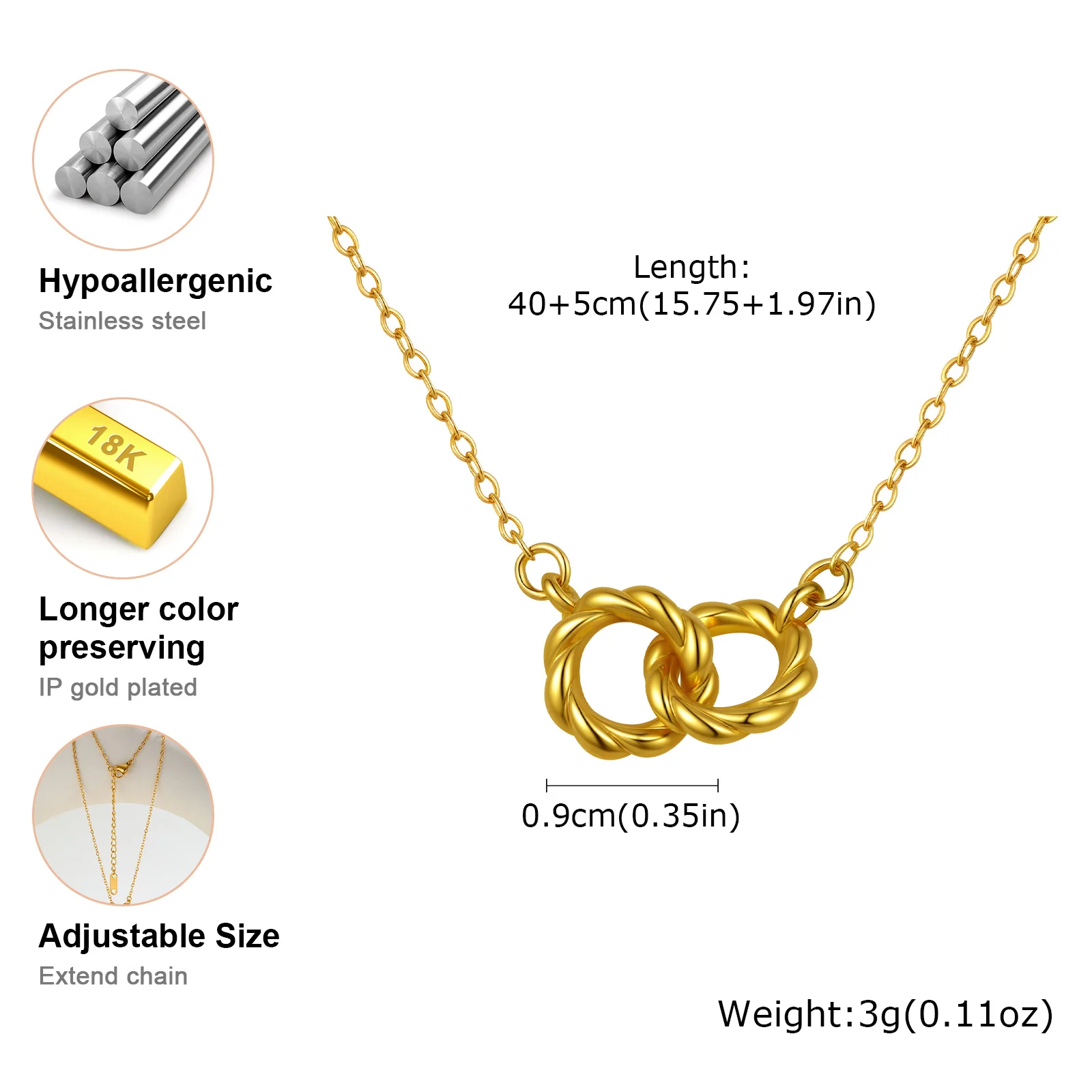 Soul Sister Necklace Stainless Steel Gold Plated 2 Interlocking Twist Circles Pendant Gift with Card view 3