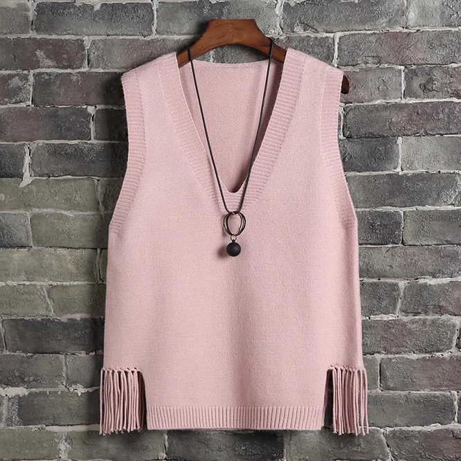 

2022 New Autumn V-neck Vest Women's Winter Short Knitted Sweater Waistcoat Korean Trend Spring Autumn Vest Girl Student Pink