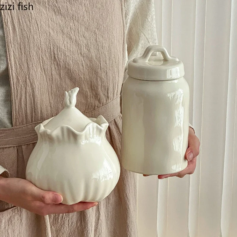 Milk White Ceramic Storage Tank Kitchen Storages Container Grain Jar Storages Bottle Candy Jar Storage Box Dried Fruit Jar