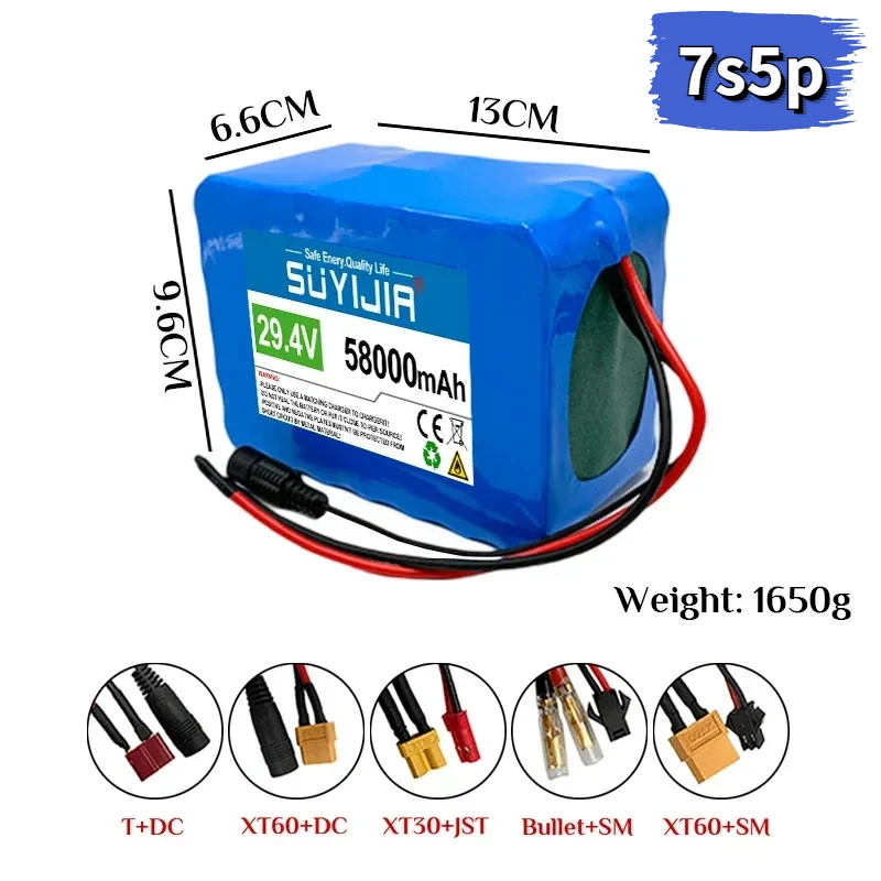 7S5P 18650 Lithium Battery Pack 29.4V 58Ah 15A BMS 500W 29.4V 58000mAh for Wheelchair Electric Vehicle Plus 2A Charger