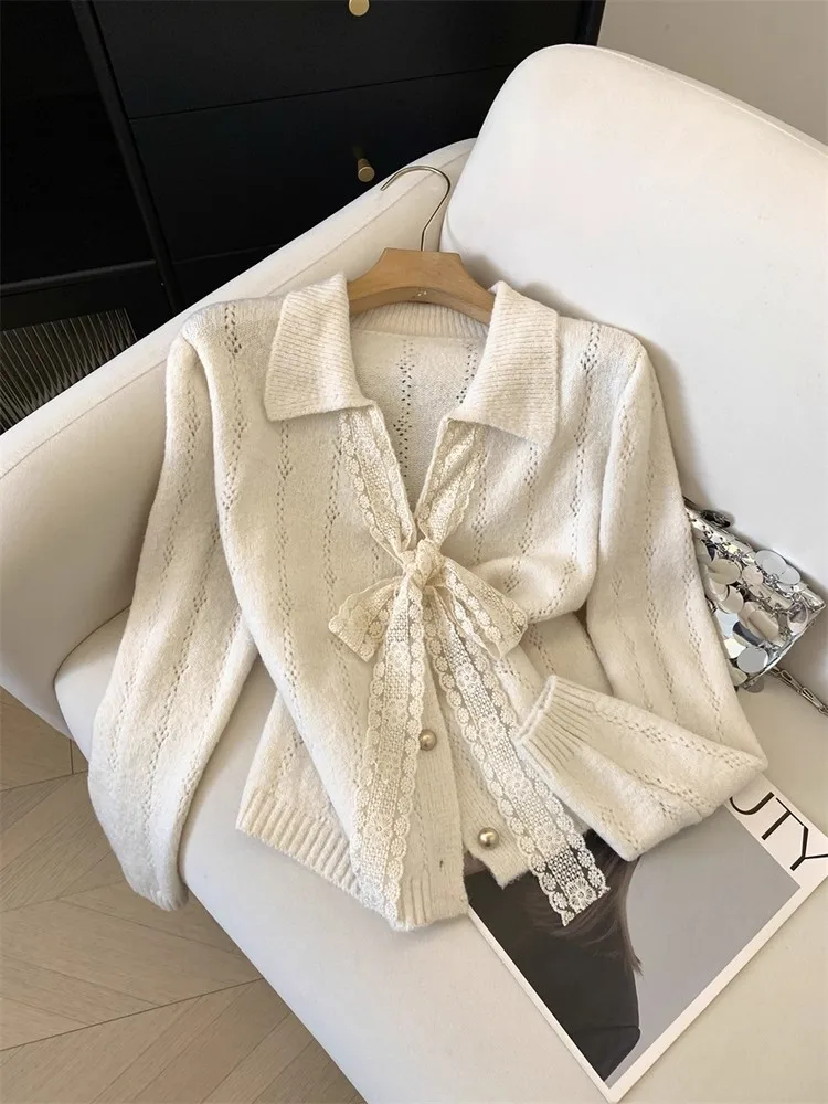 

Lace Tie Knot Long Sve Knitted Open Cardigan Women's Autumn Design Sensitivi Gentle Loose Fit Top