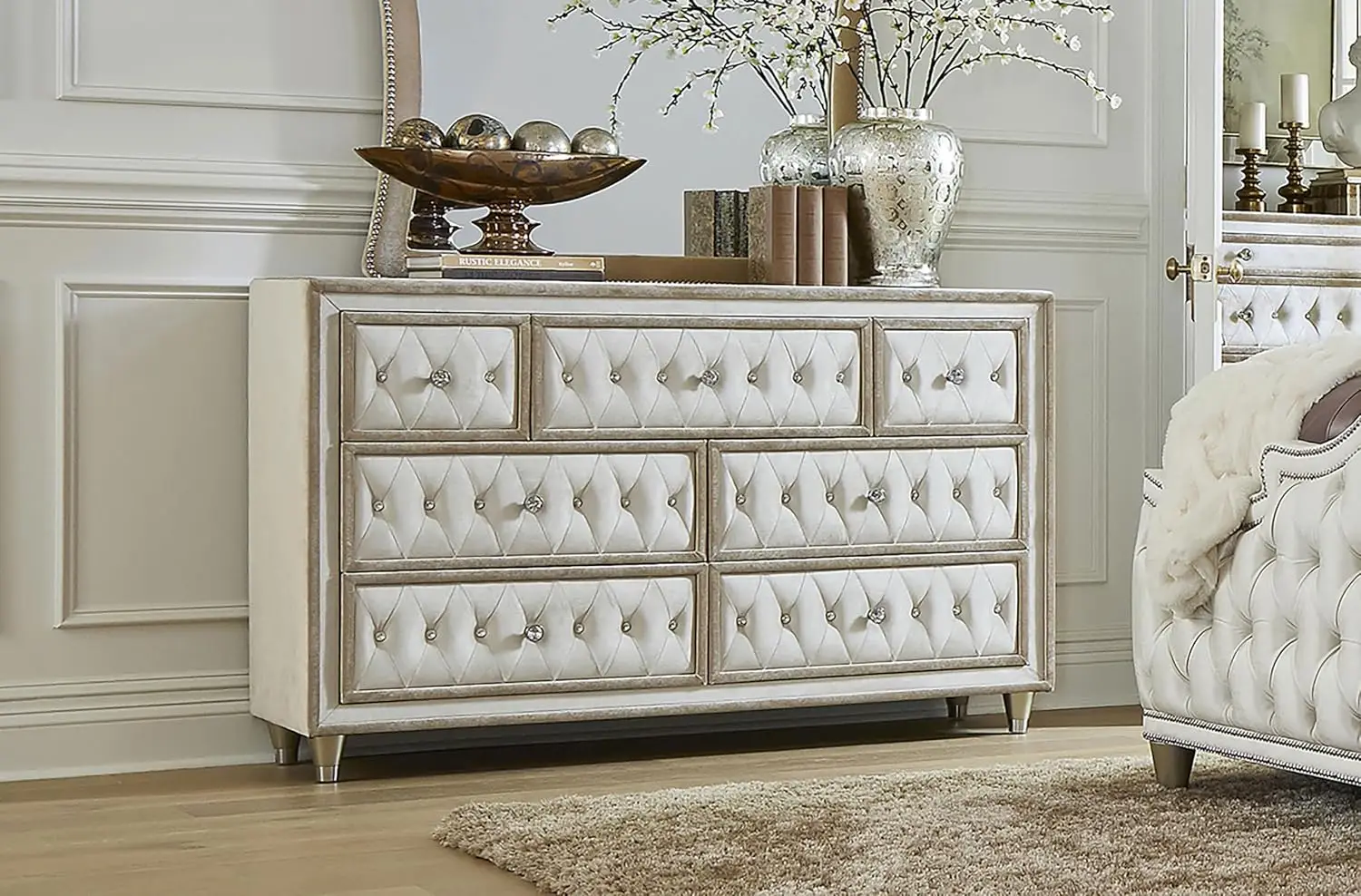 Engineered Wood - 7-Drawer Upholstered Dresser with Modern Classic Style,, Customized