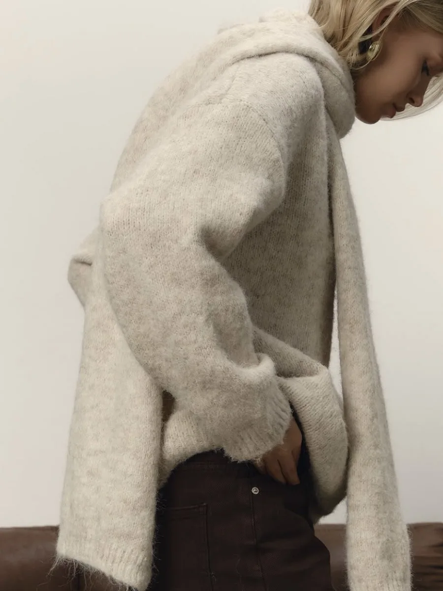 Blubelle جديد الخريف الشتاء المرأة كسول لاعبا فضفاض نمط سترة صوف ناعمة البلوز ووشاح متماسكة مجموعة