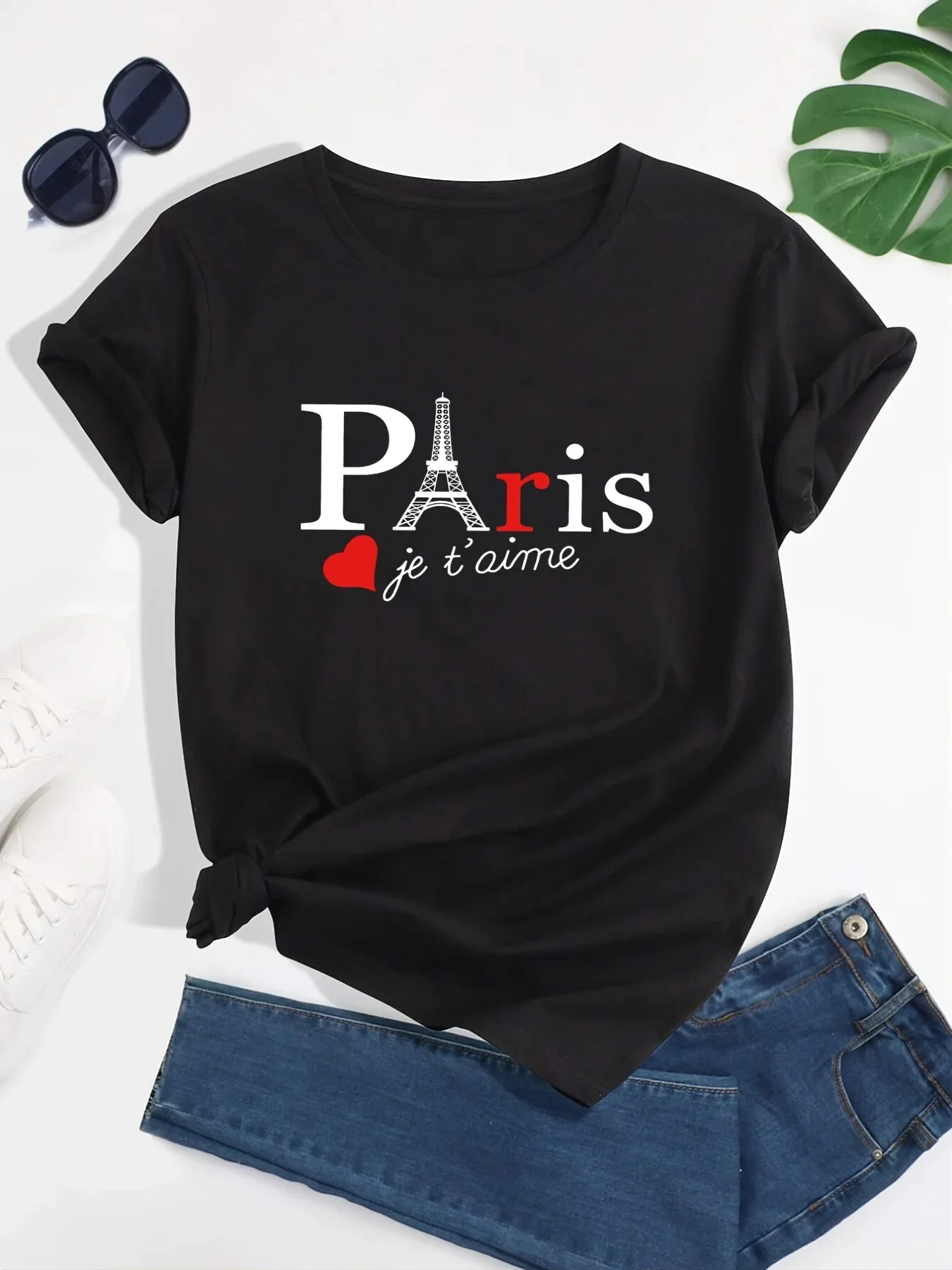 

Casual Every Day Tops Paris Letter Print Crew Neck T-Shirt Casual Short Sleeve Women's Clothing