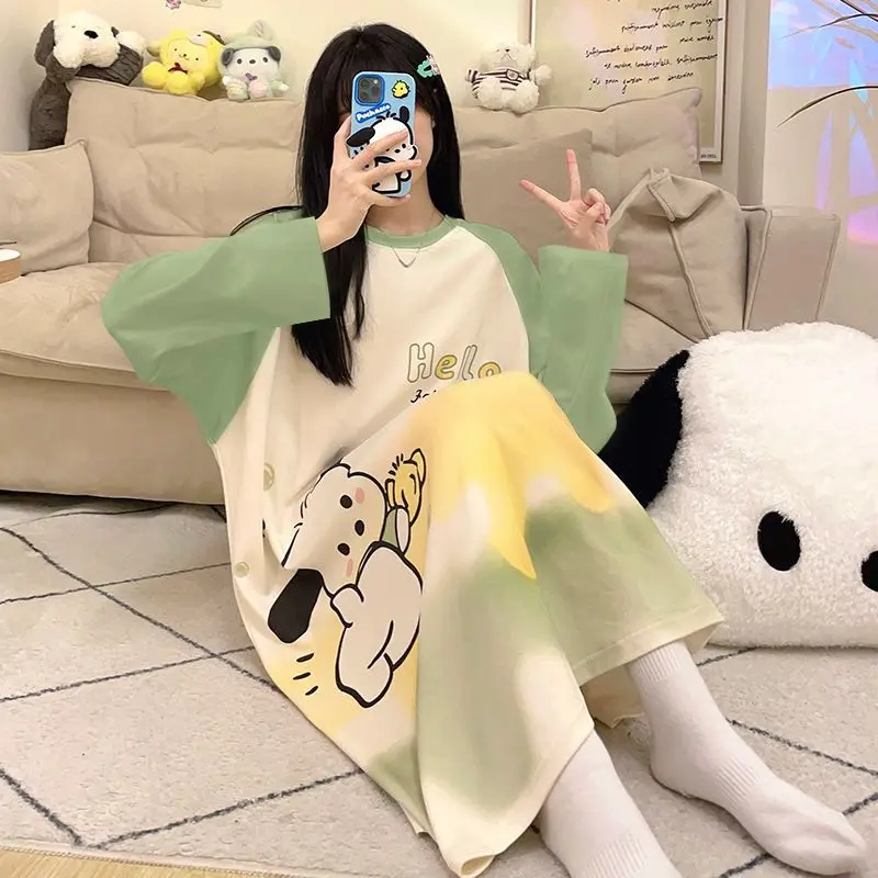 

Sanrio Pochacco женская спальная юбка Kawaii с героями мультфильмов для молодых девушек, пижамы с длинными рукавами, домашняя одежда для общежития, платье для отдыха, новинка