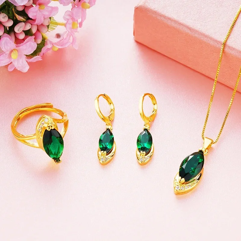 Luxury 24K 9999 Pure Gold Gold shop with gemstone necklace all-match women's gemstone ring