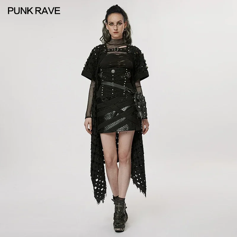 PUNK RAVE Post-apocalyptic Style Jackets Hollow Out Cardigan Women's Clothing Decadent Ripped Asymmetrical Hem Long Coats Wrap