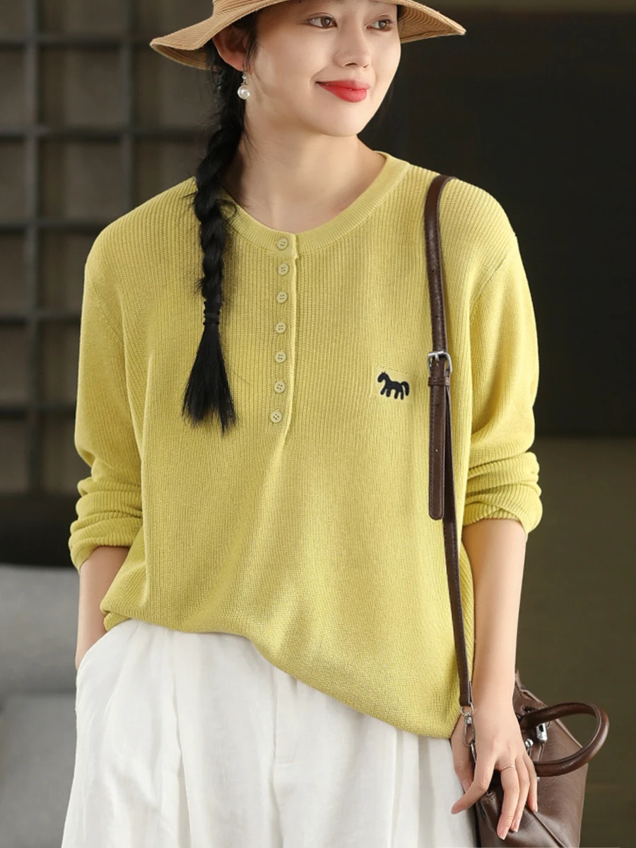 

Женский вязаный топ из льна в стиле ретро, весенний, с длинным рукавом, вышивкой и круглым вырезом, винтажный стиль, женская трикотажная одежда