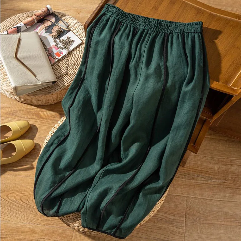 Bright Line Decoration Elastic High Waist Bloomers Loose Wide Leg Women\'s Pants Korean Fashion Ankle-Length Pants For Women 2024