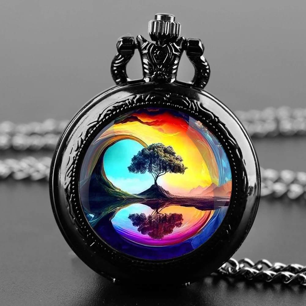 Quartz Pocket Watch Rainbow Tree of Life Theme Design Vintage Pendant Clock Nostalgic Portable Chain Watches Gift for Men Kids