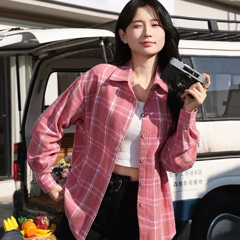 بلوزة نسائية فضفاضة على الموضة للخريف والشتاء قمصان عالية الشارع عصرية غير رسمية منقوشة كورية تناسب كل مباراة سترة قميص خارجي #5