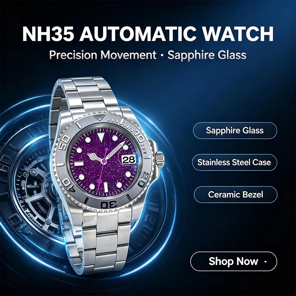 NH35 Mechanical Wristwatch For Men Purple Glitter Star Dial Ceramic Bezel Sapphire glass Stainless Steel Bracelet lume Watch