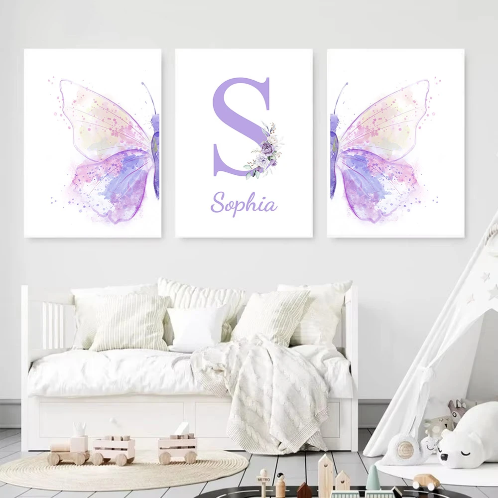 Custom Name Wall Art Personalized Purple Butterfly Canvas Painting Nursery Art Poster Nordic Print
