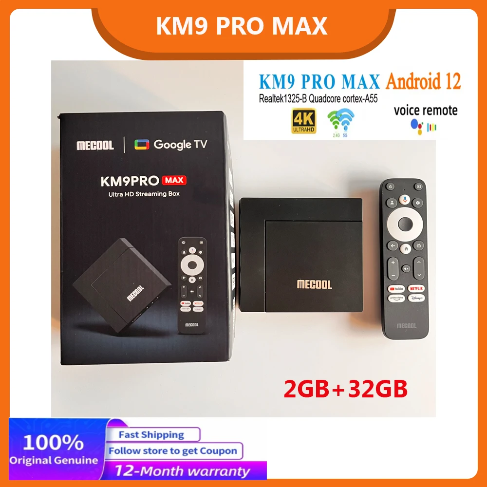 Новейшая ТВ-приставка MECOOL KM9 PRO MAX 2026 года на Android с Realtek1325-B, 2 ГБ ОЗУ, 32 ГБ ПЗУ, 4K HDR, Android 12, 2T2R WIFI5, сертифицированная Google