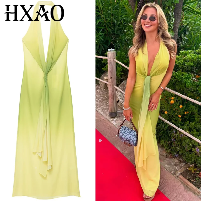 HXAO Abito da donna Tie Dye Halter Dress Estate 2025 Abiti da sera eleganti per feste Chic Lace-Up Backless Senza maniche Maxi Vestido