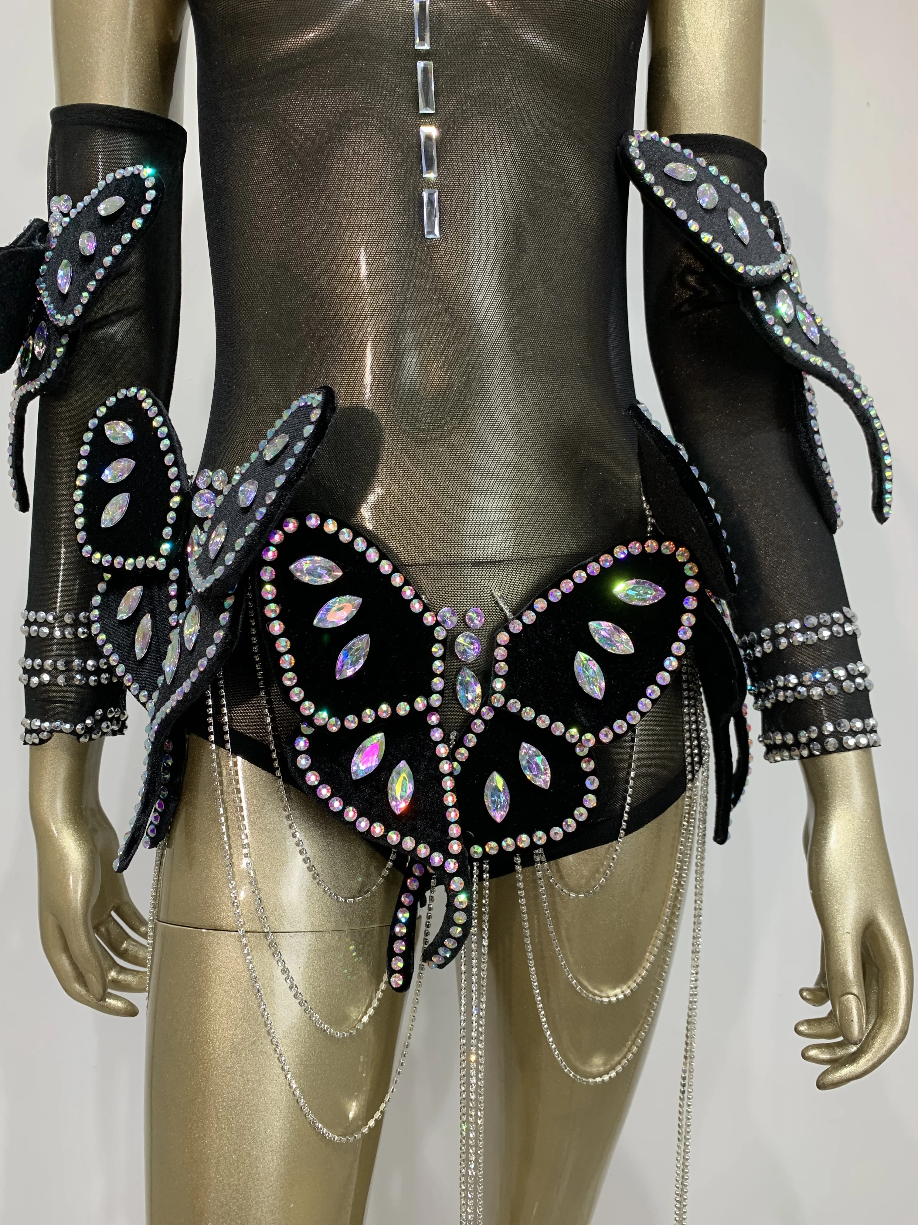 Body extensible avec chaîne papillon et strass scintillants pour femmes, avec manches, maille transparente, Costume de scène pour chanteur DJ en boîte de nuit