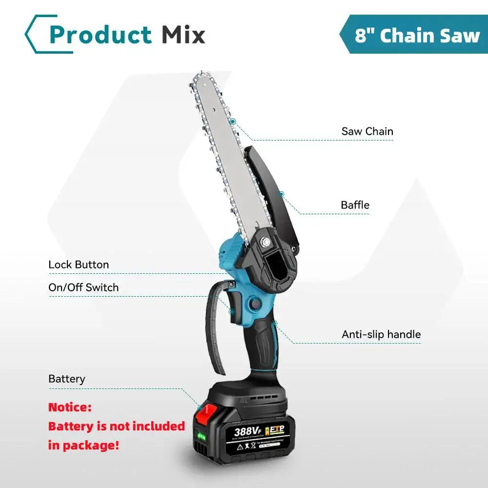 8 Inch Mini Cordless Brushless Chain Saw No Battery Handheld Pruning Saw Woodworking Cutting Tools For Makita 18V Battery