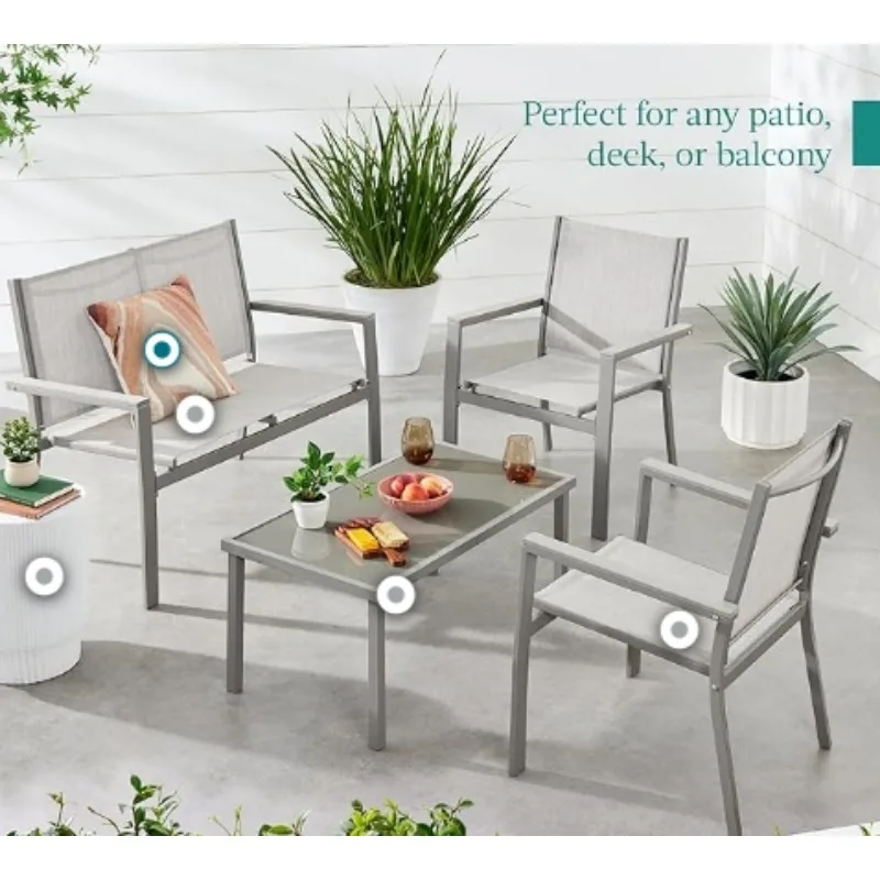 4-Piece Outdoor Textilene Patio Conversation Set, Backyard Furniture w/Loveseat, Coffee Table, Steel Frame - Gray/Gray