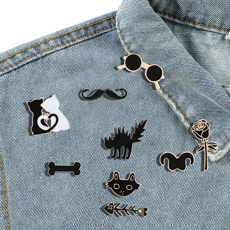 Series Cat Beard Bones Glasses Rose Tai Chi Badge Pines Lapel Shirt Accessories Jewelry  Pin Brooch Fashion 11 Style Black