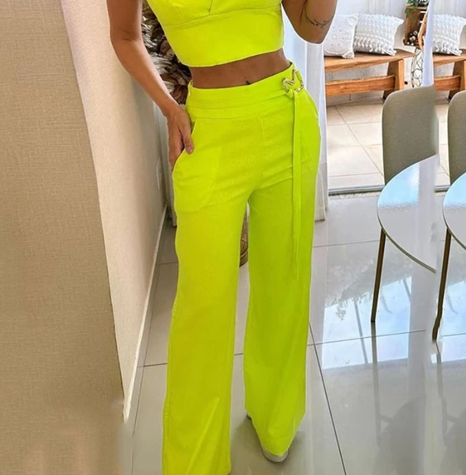 Two Piece Set Women\'s pants set Casual Solid Color Sleeveless Crop Top V Lead High Waist Halter Wide Leg Pants Set Summer 2023