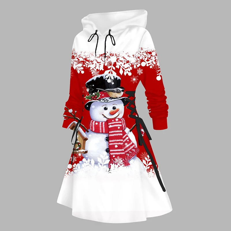 Dressfo New Women's Dress Christmas Hoodie Dress Snowflake Snowman Print Colorblock Lace Up Dress vestidos