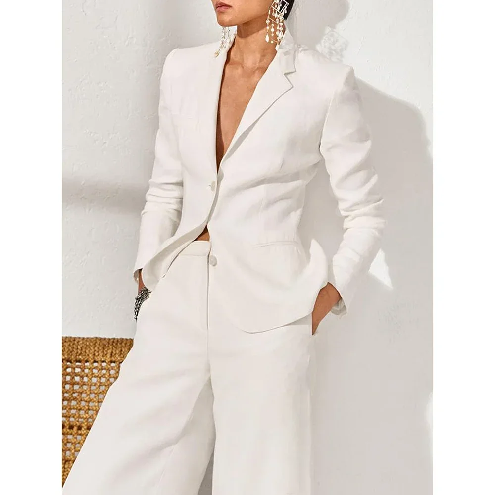 Summer Linen Women Pants Sets White Fashion Notch Lapel Single Breasted 2 Piece Elegant Chic Daily Casual Office Female Suit