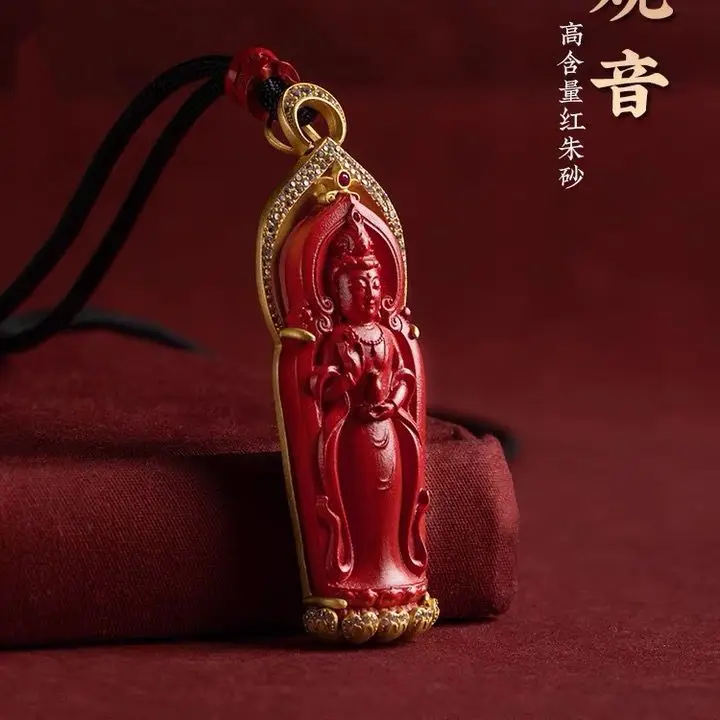 

UMQ Natural Cinnabar Pendant Gold-Plated Inlaid Cinnabar Avalokiteśvara Pendant Pendant Charm Blessing Auspicious