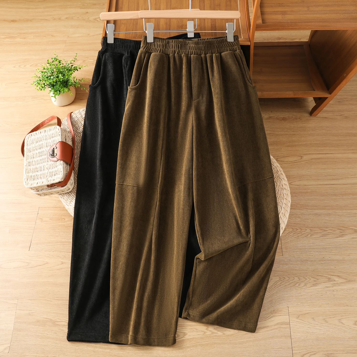 Coréen Sle pantalons décontractés femmes taille haute taille élastique Patchwork neuf Points velours côtelé sarouel printemps automne nouveauté