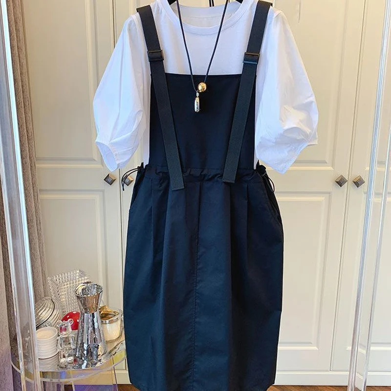 Summer New Two Piece Set Solid Color Round Neck Puff Sleeve Loose T-Shirts + Casual Sling Waist Drawstring Pocket Midi Dress