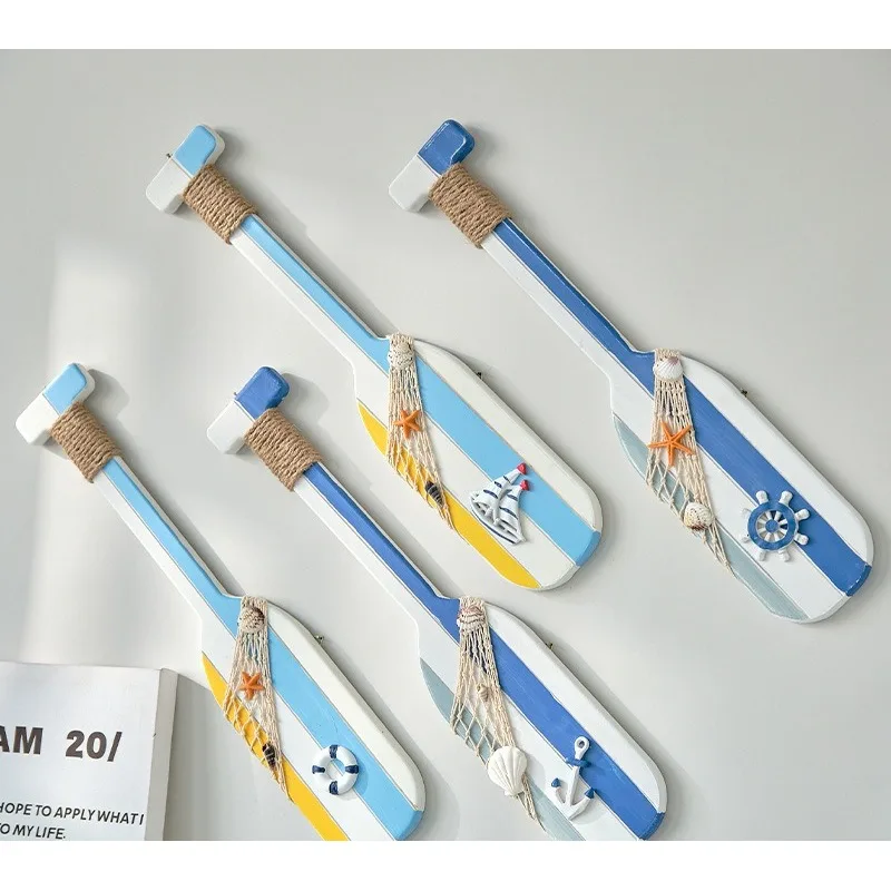 Mediterranean Wooden Oar Paddle Wall Decor 2 Pcs Set Nautical Coastal Hanging Ornament
