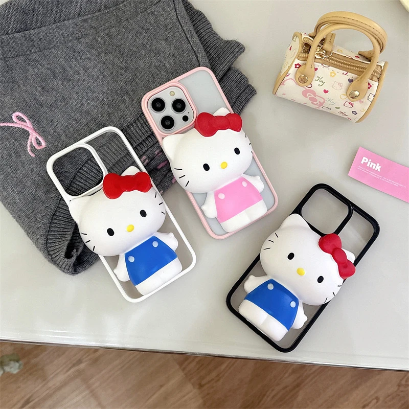 

Kawaii Cartoon Stereoscopic Can Be Pinched Hello Kitty Phone Case for IPhone 15 14 13 12 11 Pro Max Anti-fall Clear Back Cover