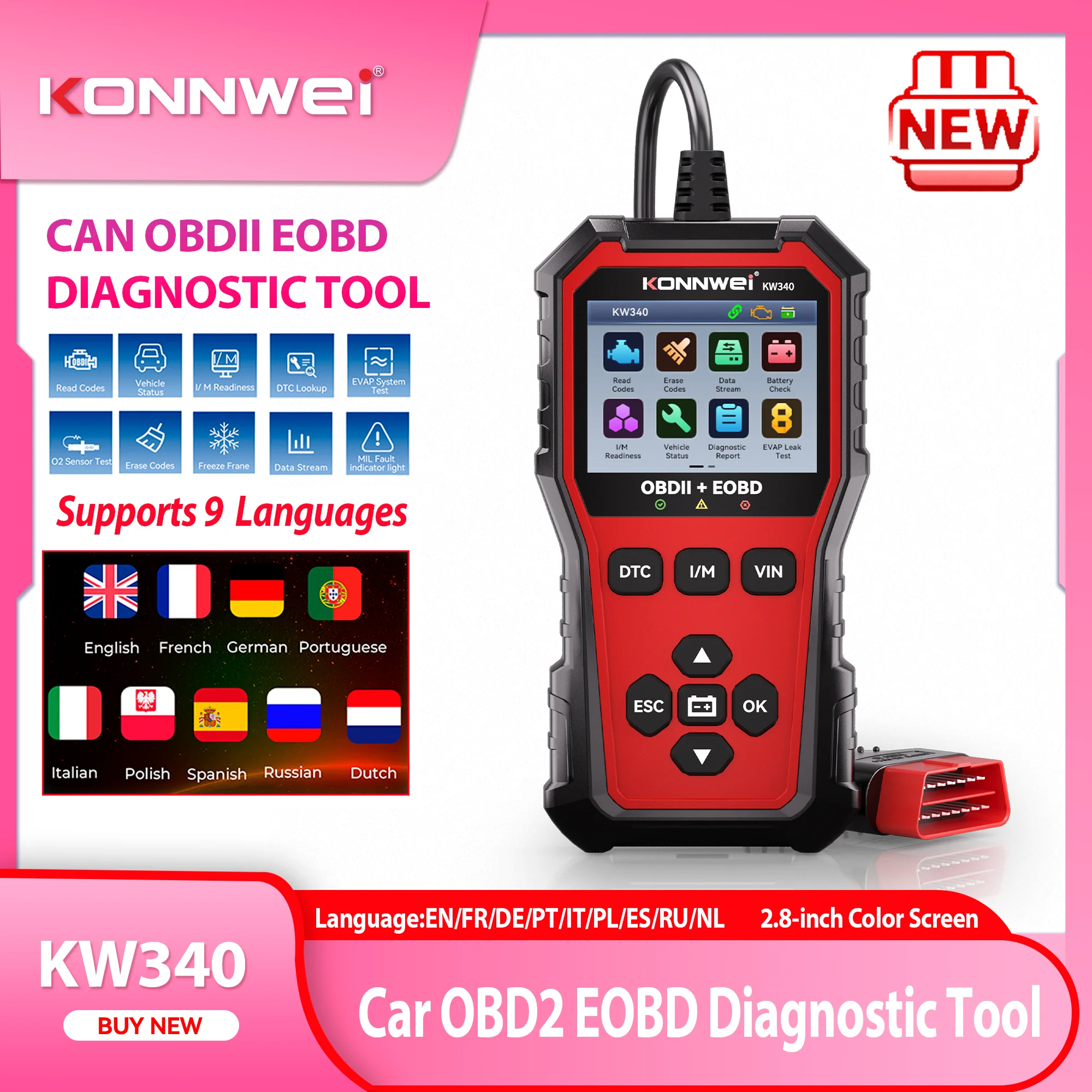 2026 KONNWEI KW340 Car CAN OBD2 EOBD Diagnostic Tool Engine Battery Test Fault Code Clear Real-Time Data O2 Inspection Tool
