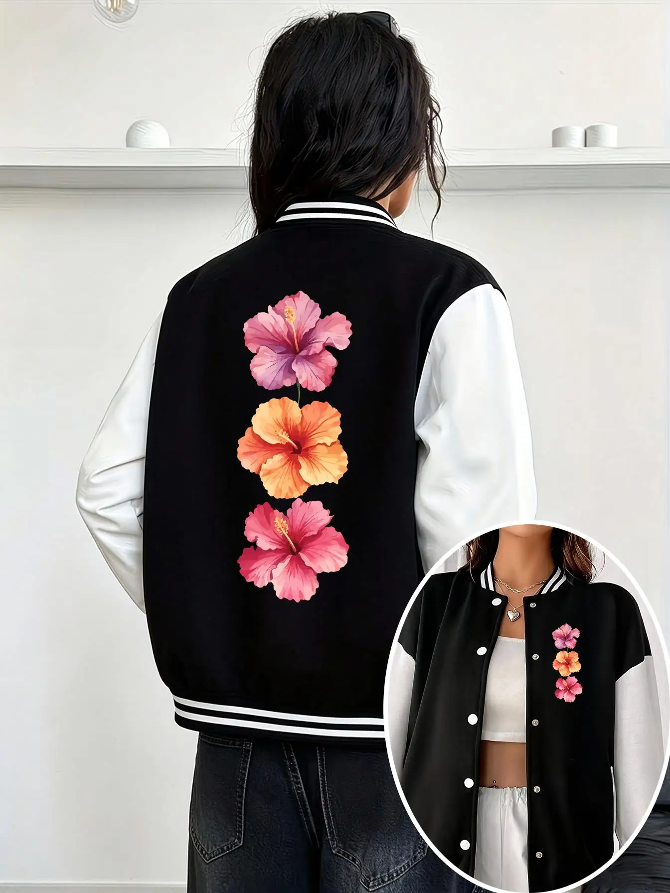 Hibiscus Tropical Flowers Design Women'S Baseball Uniform Y2K Oversized Jackets Fleece Autumn Sportswear Hip Hop Casual Clothes
