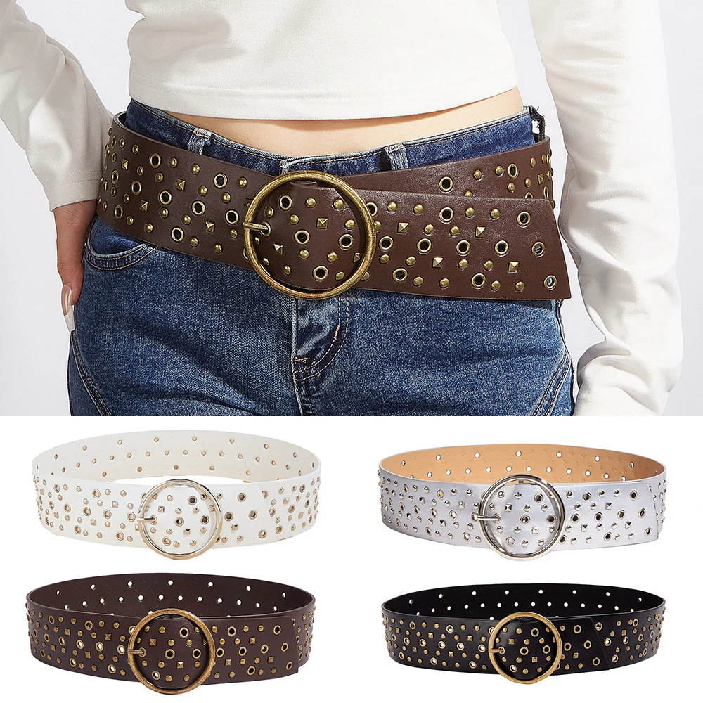 

Women PU Leather Belt Retro Vintage Riveted Pin Buckle Wide Cinch Belt Girls Wide Belt For Dress Jeans Pants Luxury Waistband