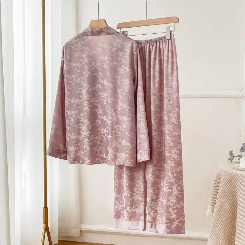 Purple Chinese Style Pajamas Set Sexy Jacquard Bamboo Leaf Home Clothes Ice Silk 2Pcs Top&pants Lady Casual Homewear Nightwear