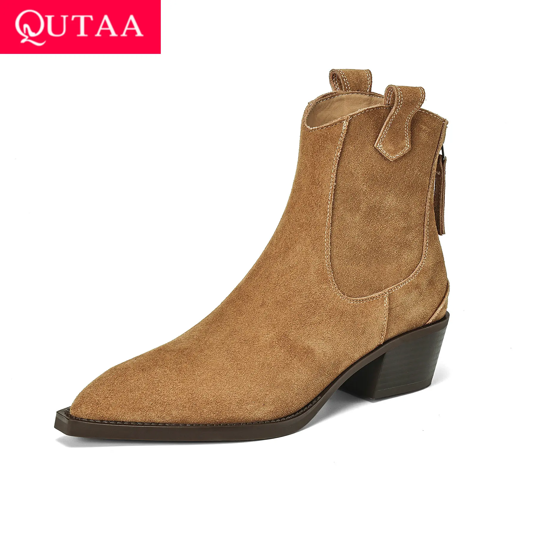 

QUTAA 2026 Fashion Cow Suede Women Winter Ankle Boots Autumn Western Shoes Mid Heels Pointed Toe Buckles Lady Short Boots 34-39