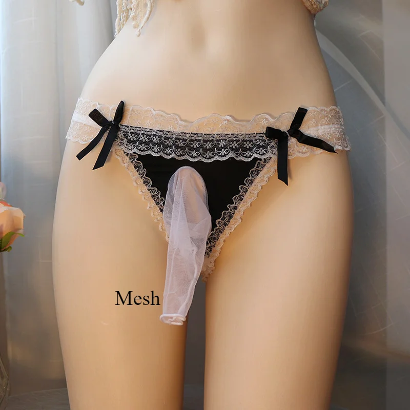 Sexy Lingerie Buttocks Hollow Mens Underwear Sissy Panties Women Panties Bow Low Waist Lace Male Briefs Hombre Silky JJ Sheath