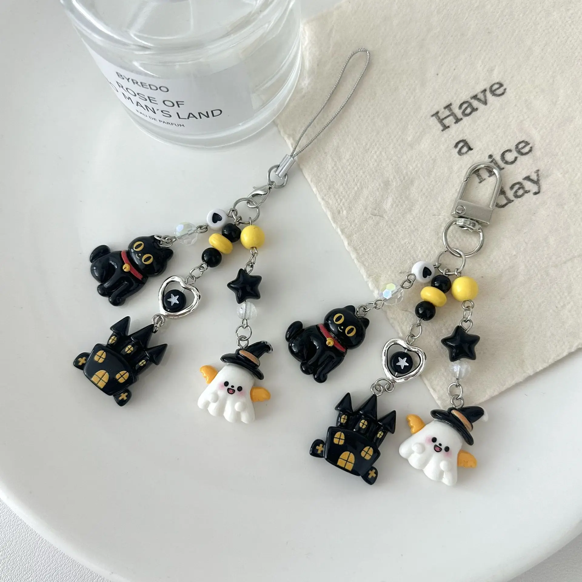 Original Halloween Cartoon Ghost Keychains Beaded Mobile Phones Bags Pendants Ins-style Black Cat Funny Bags And Accessories