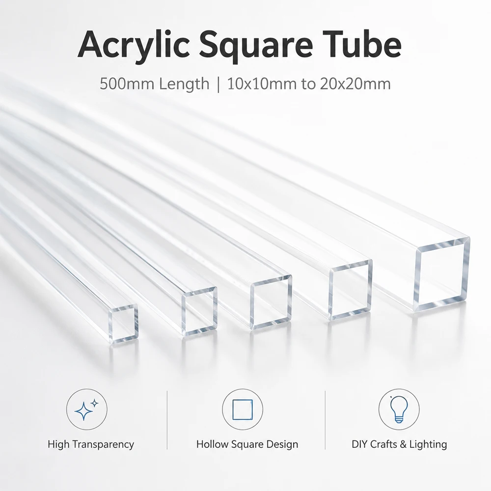 1-5Pcs 500mm Clear Square Acrylic Pipe, 10-20mm Hollow Profile for Prototyping, Model Building, DIY Light & Home Decoration