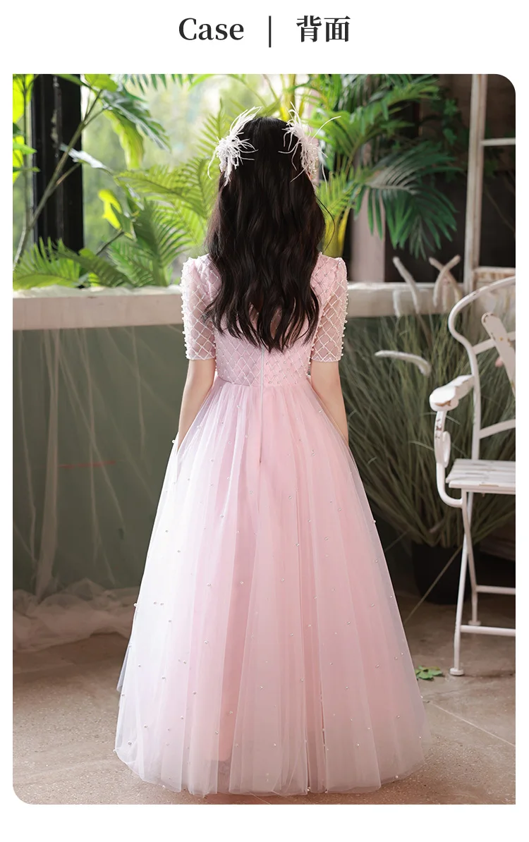 Girls dress light pink floor-length round neck mid-sleeve flower girl bridesmaid dress birthday princess dress