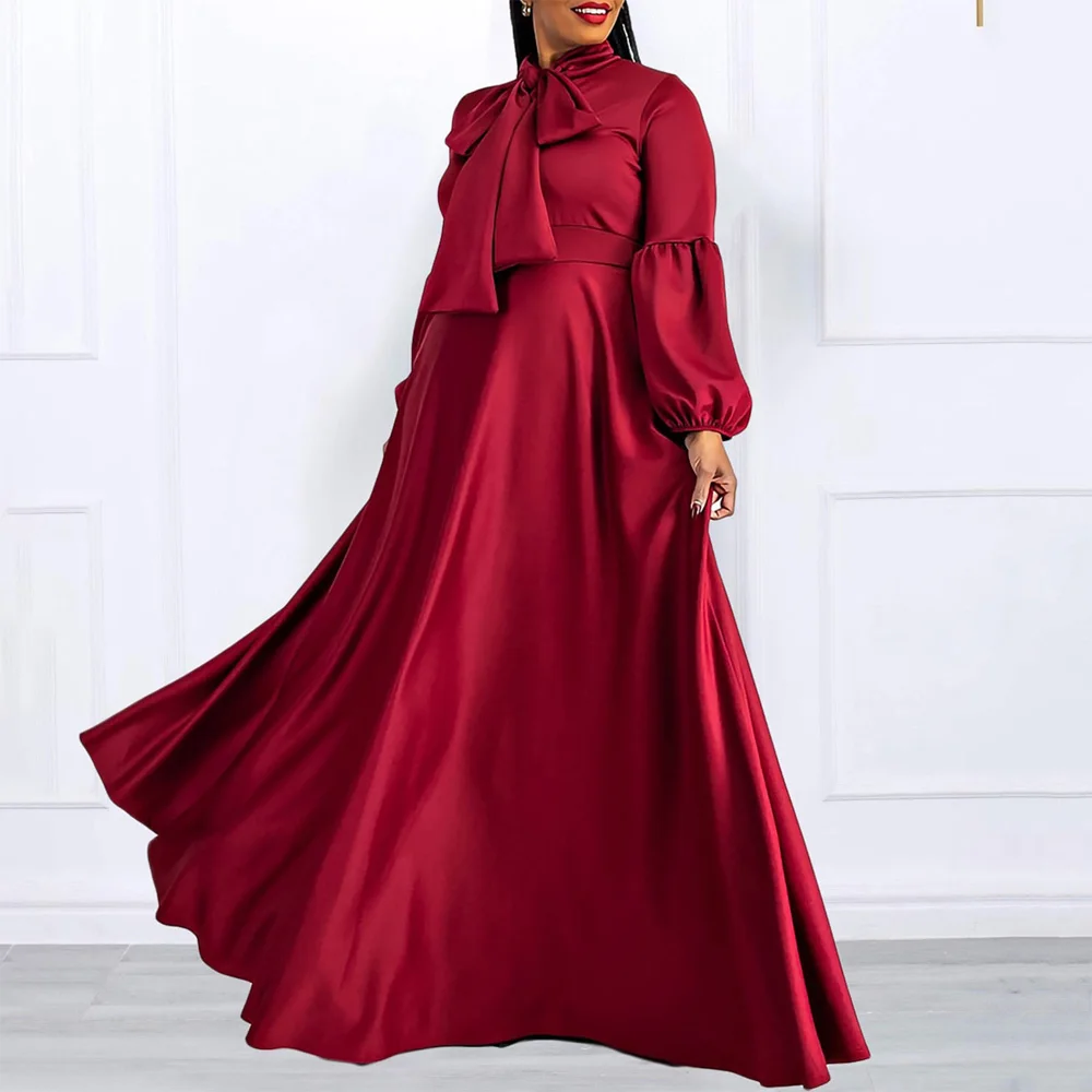 Luxury Long Dresses for Women Bow Collar Full Sleeve Straight Floor Length Elegant Female Birthday Party Dinner Vestidos Mujer