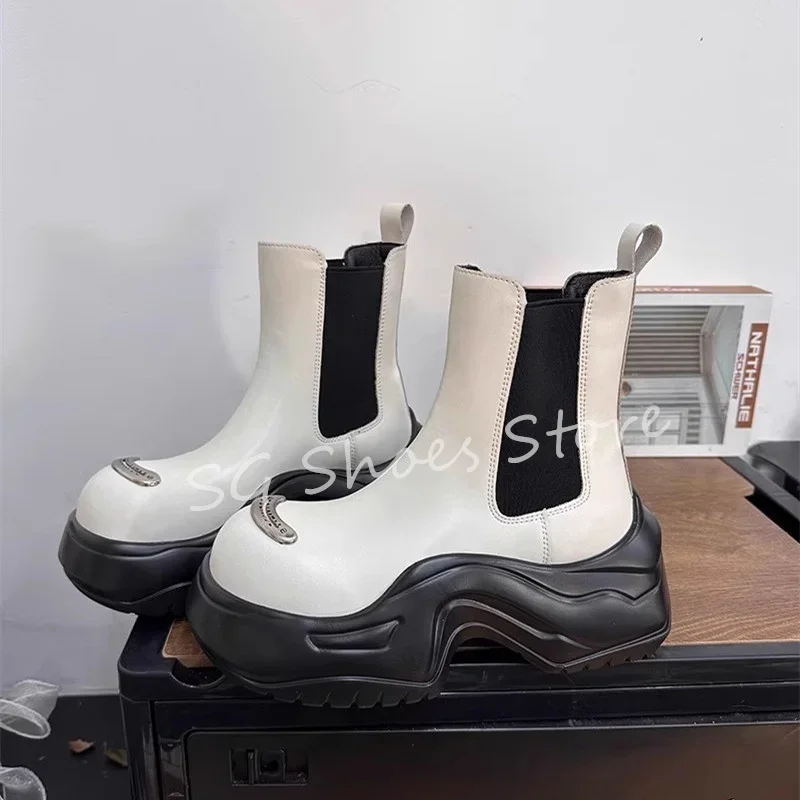

Fashion New Chunky Bottom Arched Heel Women Chelsea Boots British Style High Top Round Toe Leather Shoes Metal Decor Lady Boots